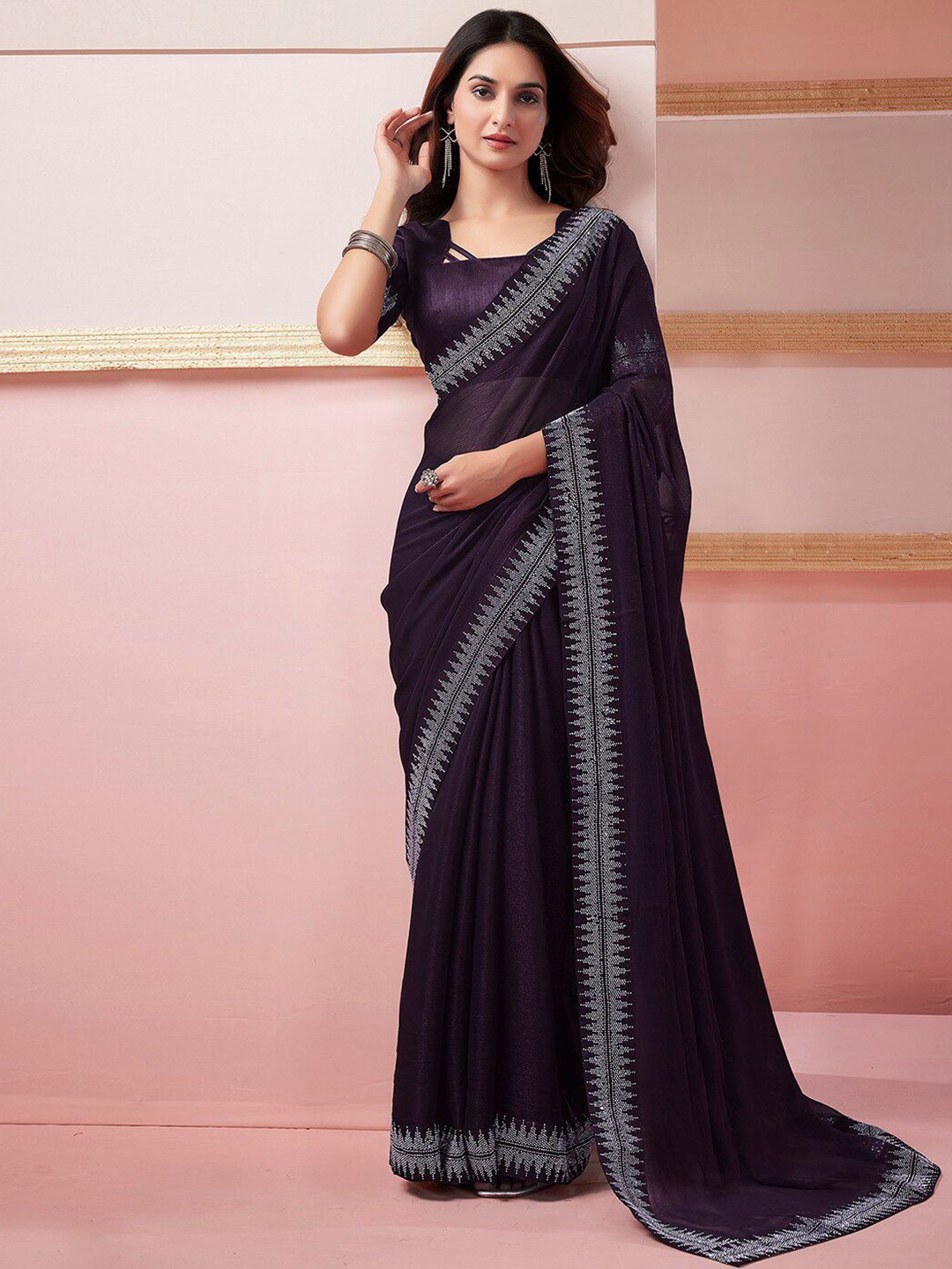 

DIVASTRI Beads and Stones Pure Chiffon Designer Arani Saree, Purple