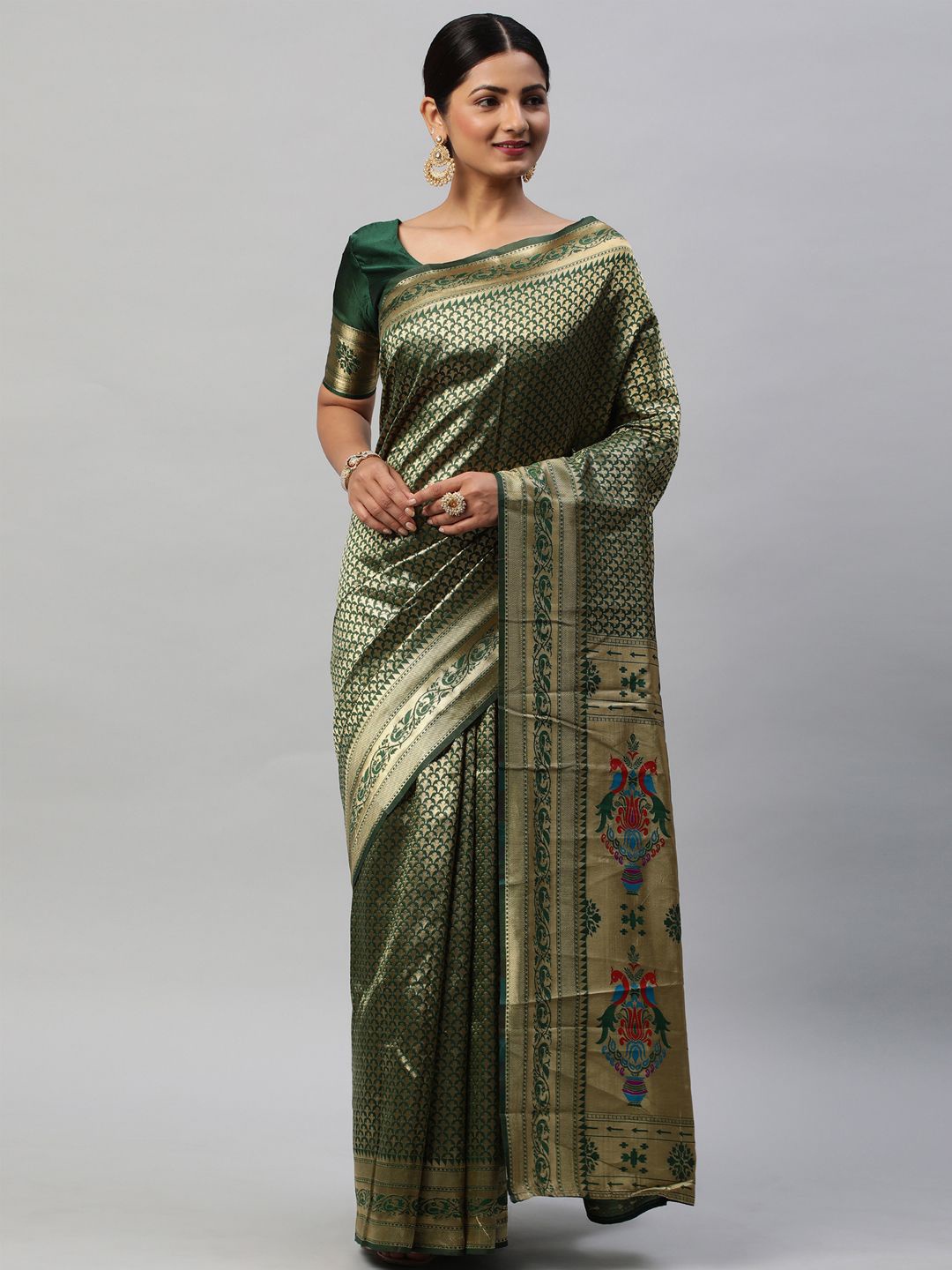 

KALINI Woven Design Zari Silk Blend Kanjeevaram Saree, Green