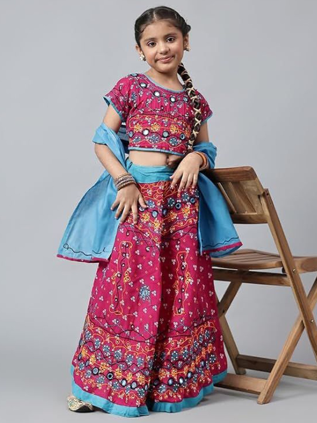 

PK HUB Girls Embroidered Mirror Work Khari Print Ready to Wear Lehenga & Blouse With Dupatta, Pink