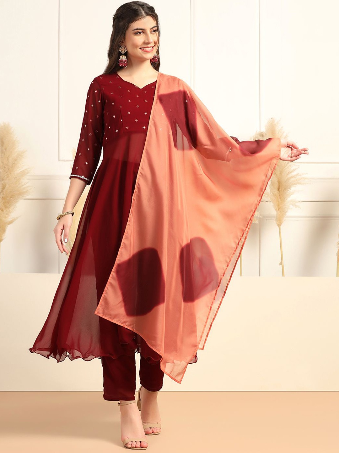 

BAESD Women Embroidered Regular Kurta with Trousers & With Dupatta, Maroon