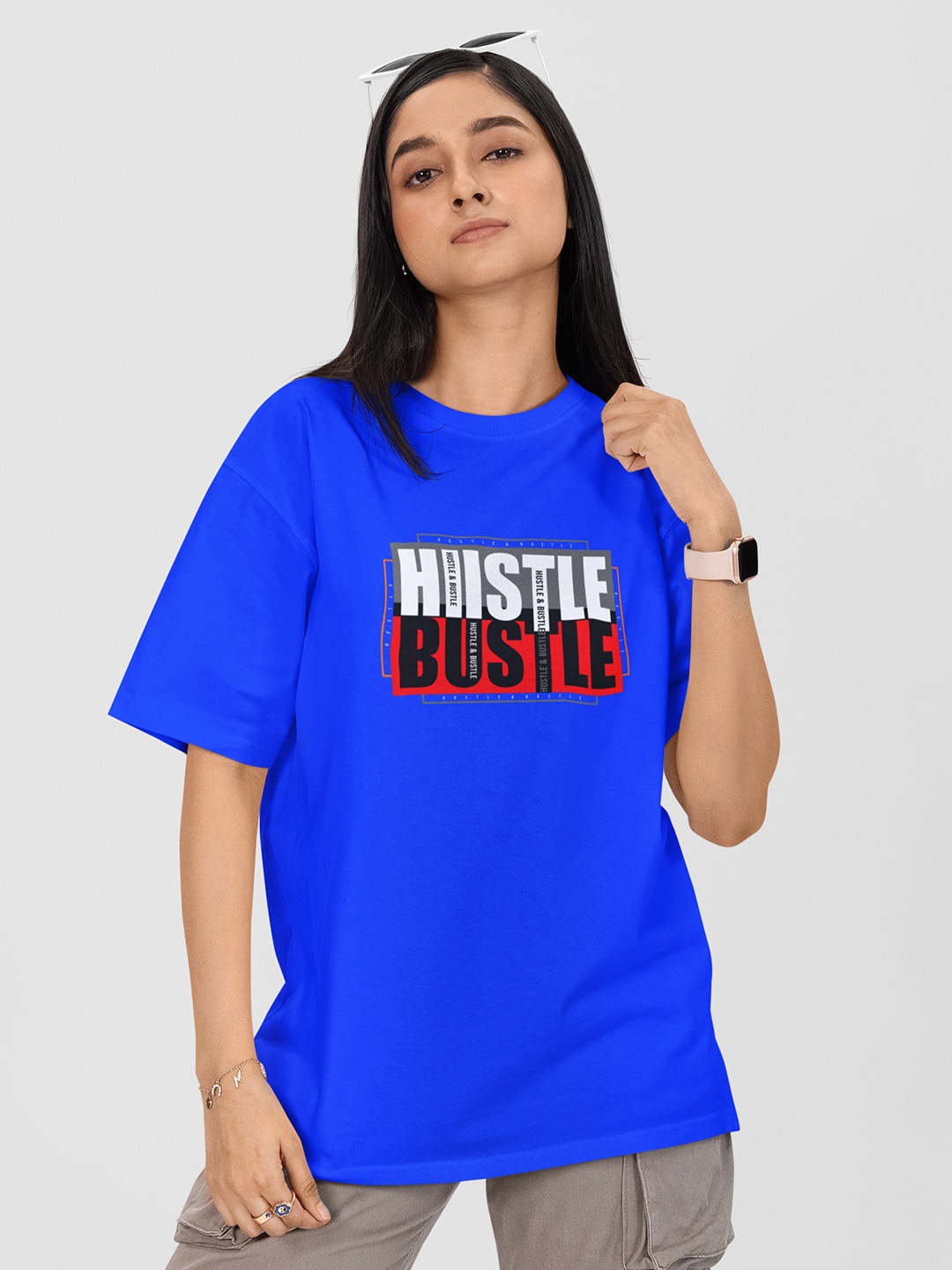 

Moda Rapido Women Printed Drop-Shoulder Sleeves Pockets T-shirt, Blue