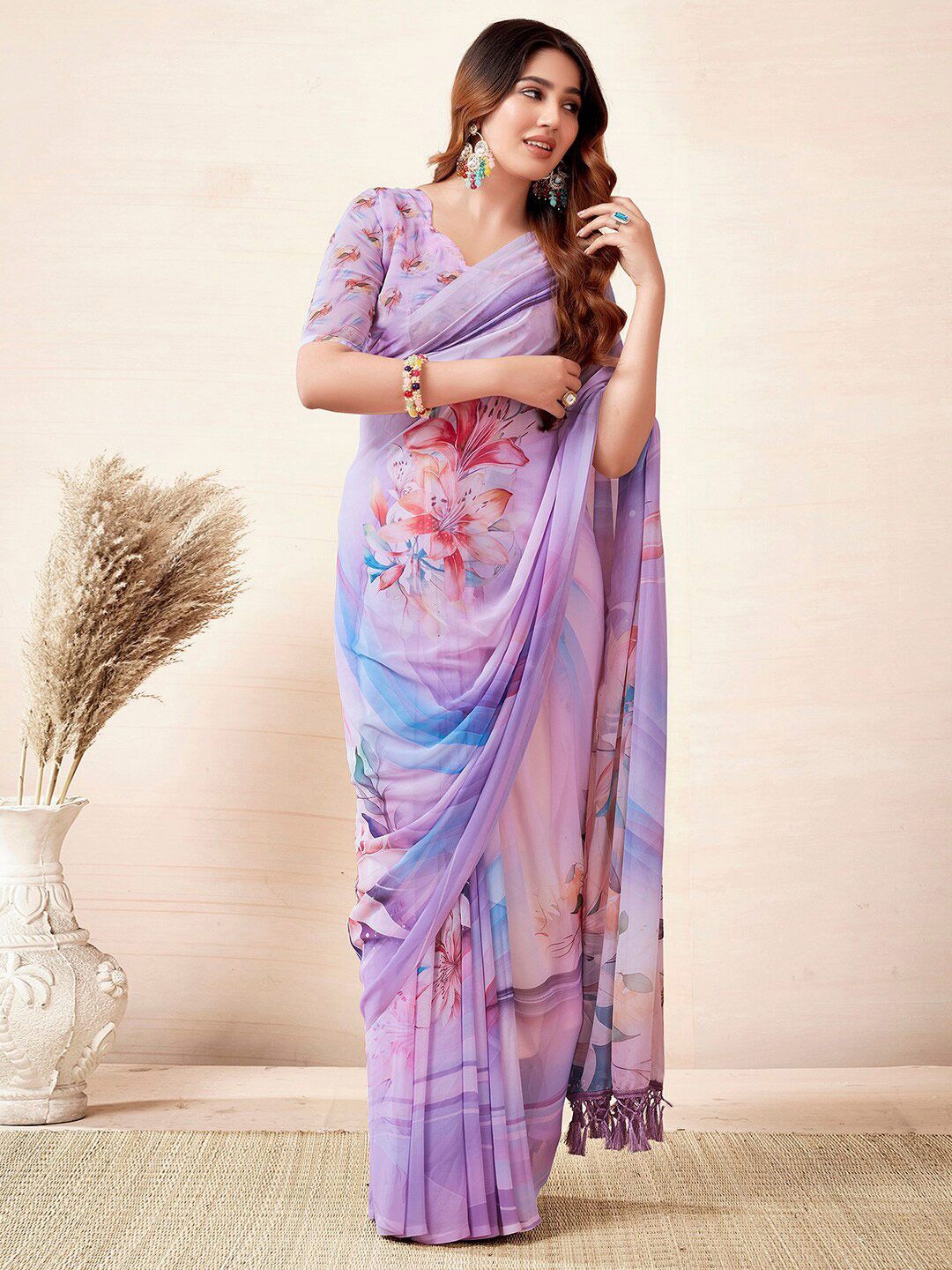 

DIVASTRI Floral Pure Georgette Maheshwari Saree, Lavender