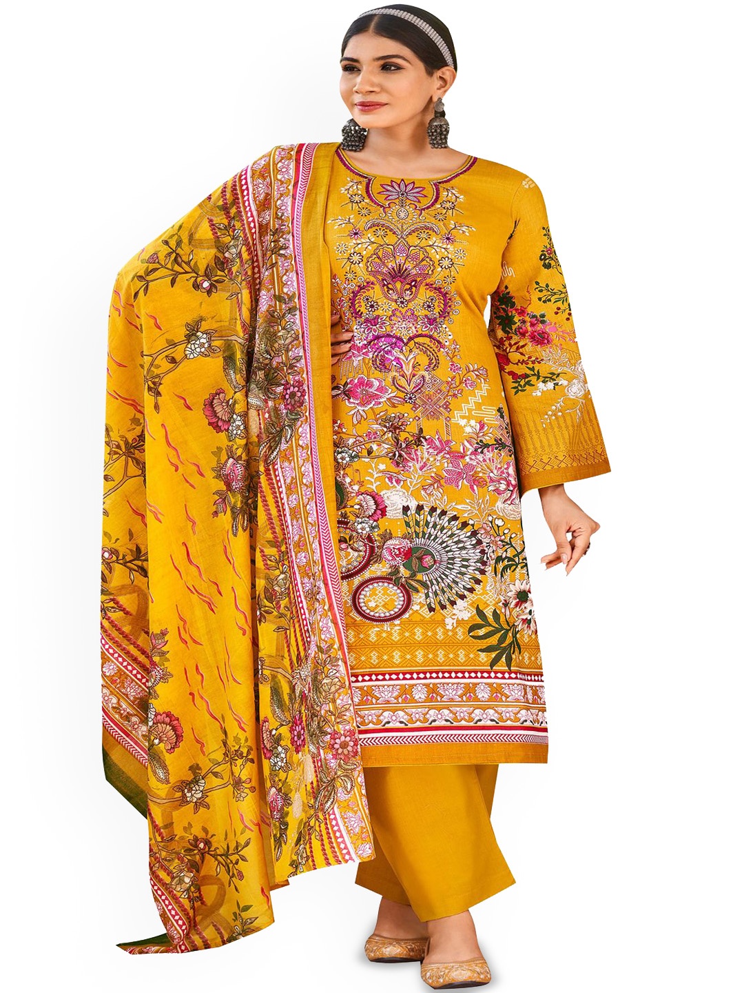 

DRAVINAM Trends Embroidered Pure Cotton Unstitched Dress Material, Yellow