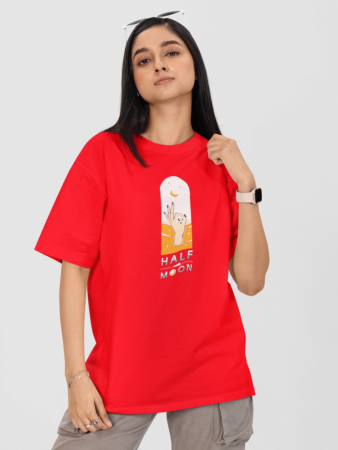 

Moda Rapido Women Printed Drop-Shoulder Sleeves Pockets T-shirt, Red