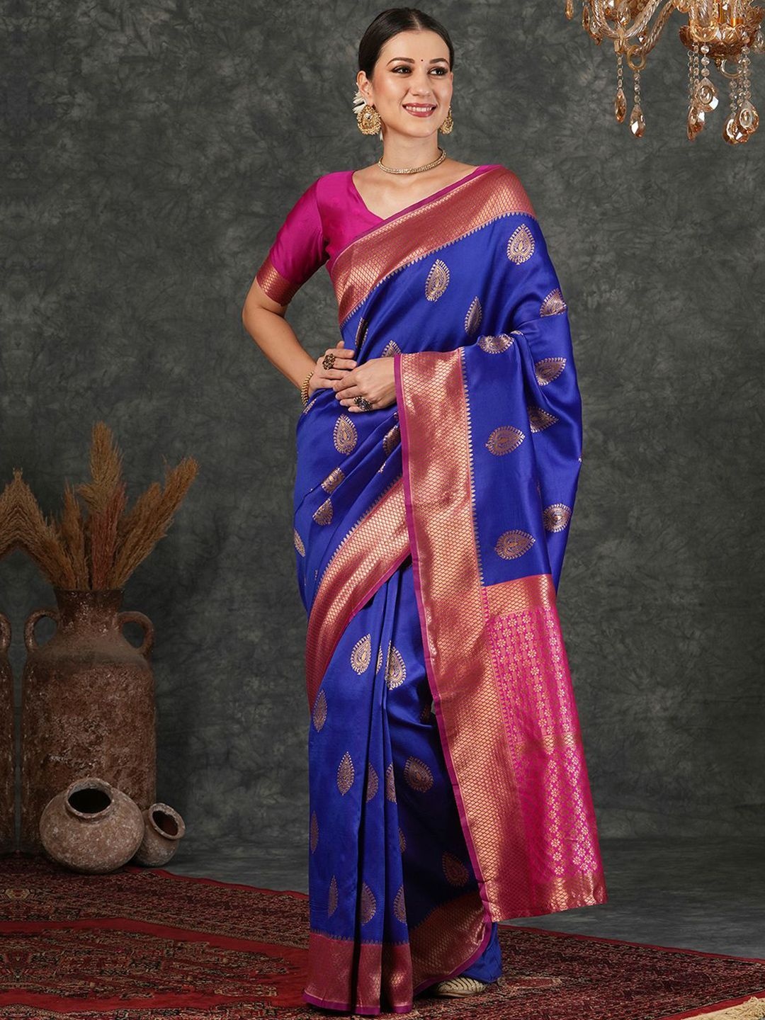 

DIVASTRI Woven Design Zari Silk Blend Banarasi Saree, Navy blue