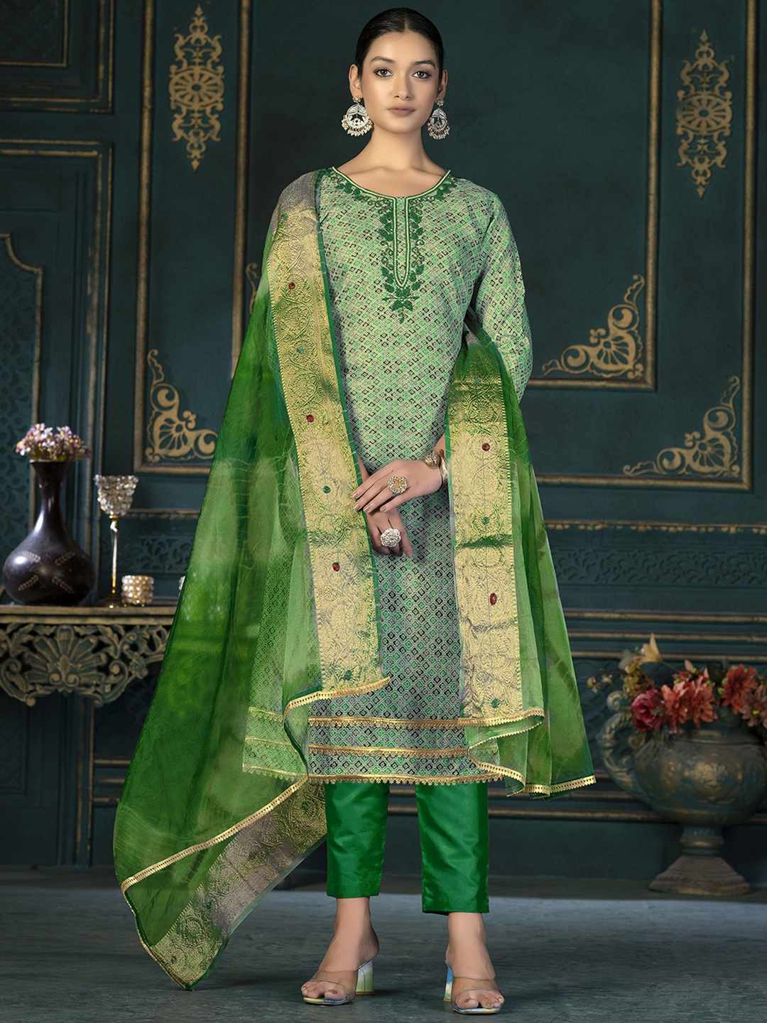 

SAINOOR Embroidered Pure Cotton Semi-Stitched Dress Material, Green