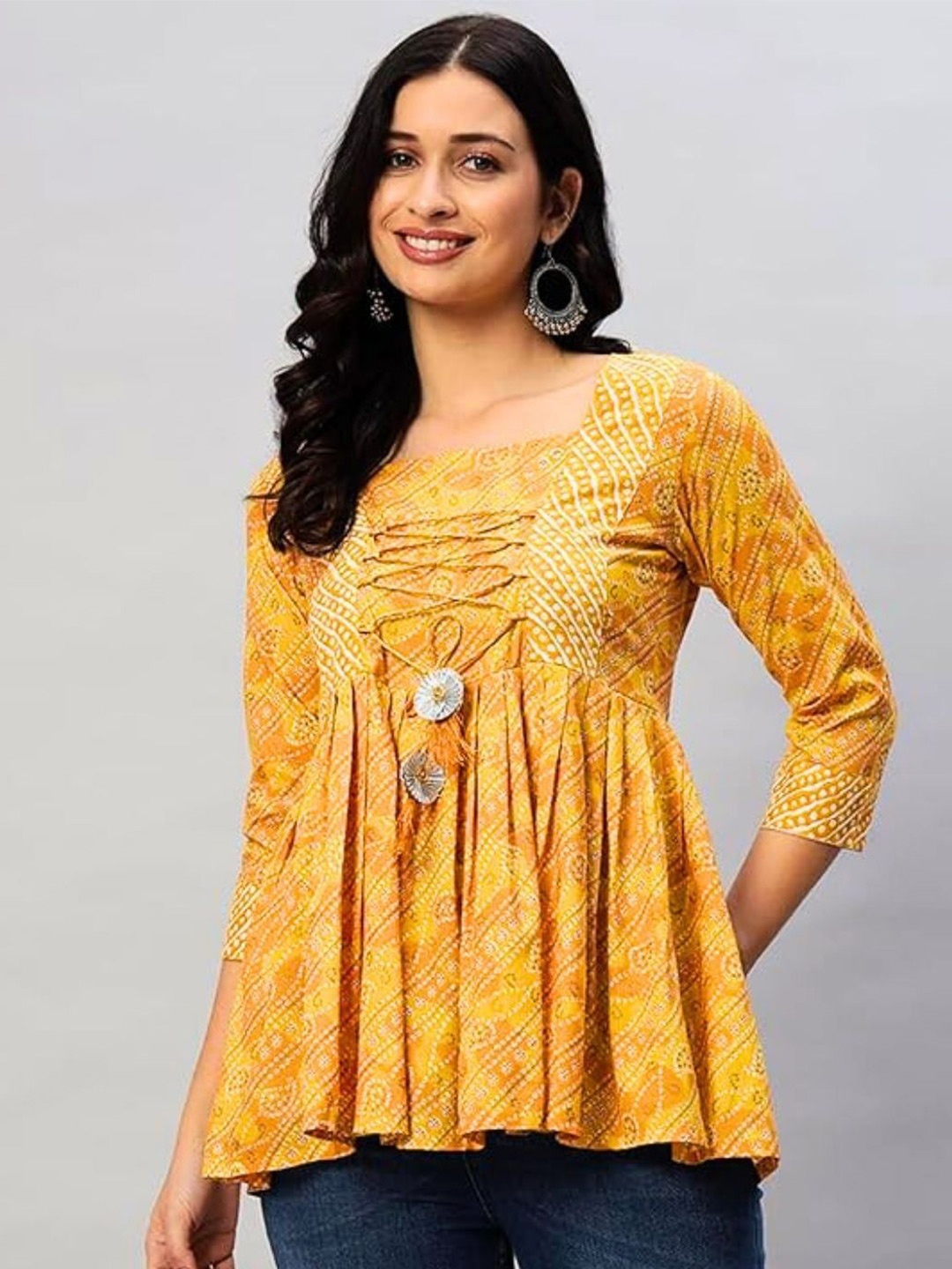 

Atha Fashion Bandhani Printed Square Neck Pure Cotton Kurti, Yellow
