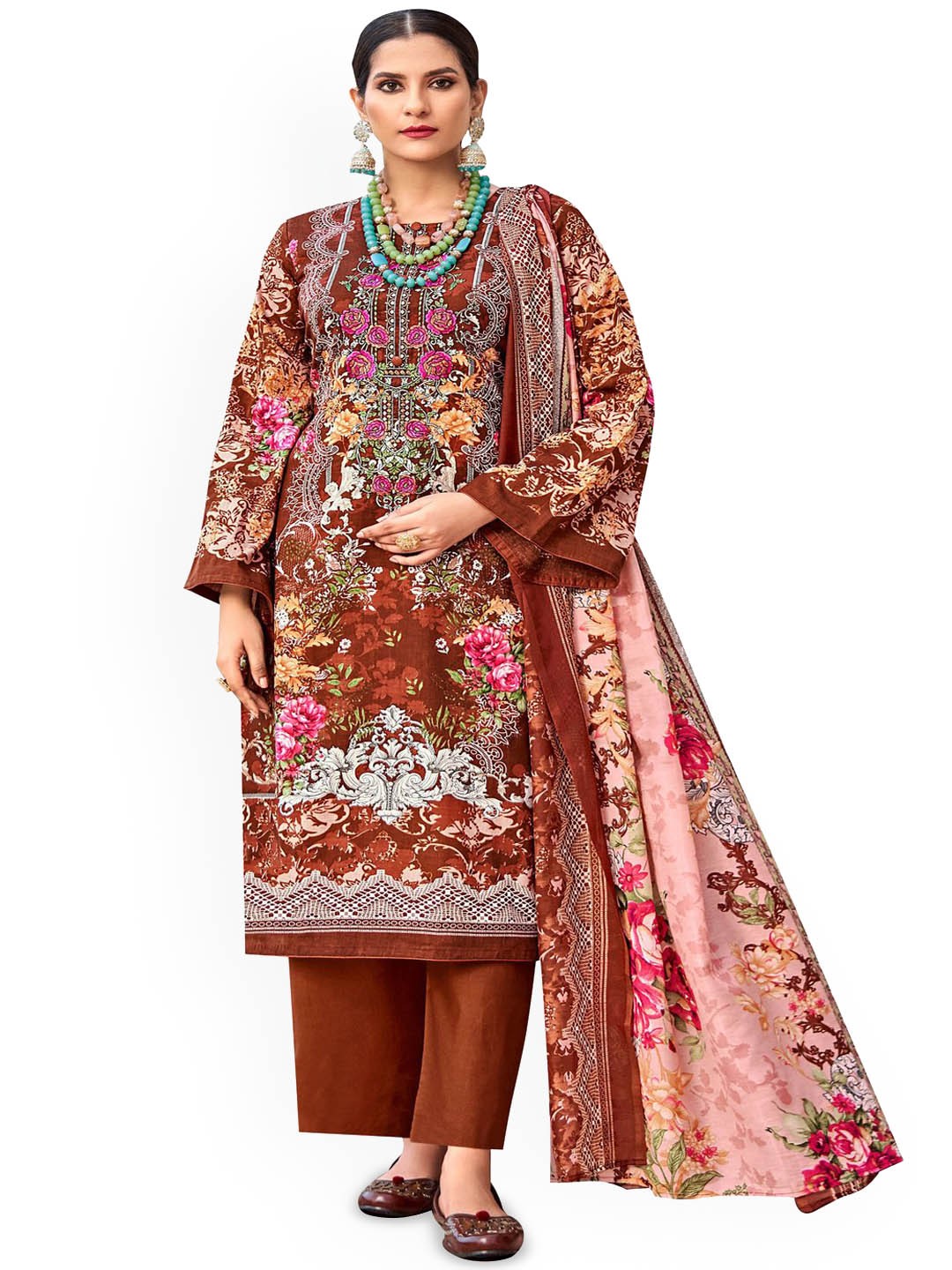 

DRAVINAM Trends Embroidered Pure Cotton Unstitched Dress Material, Brown