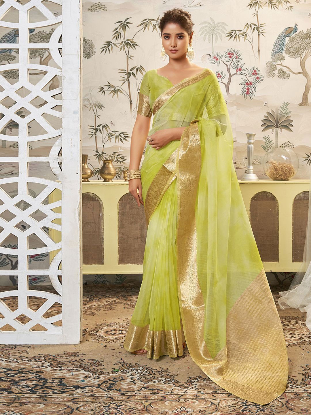 

DIVASTRI Zari Organza Banarasi Saree, Green