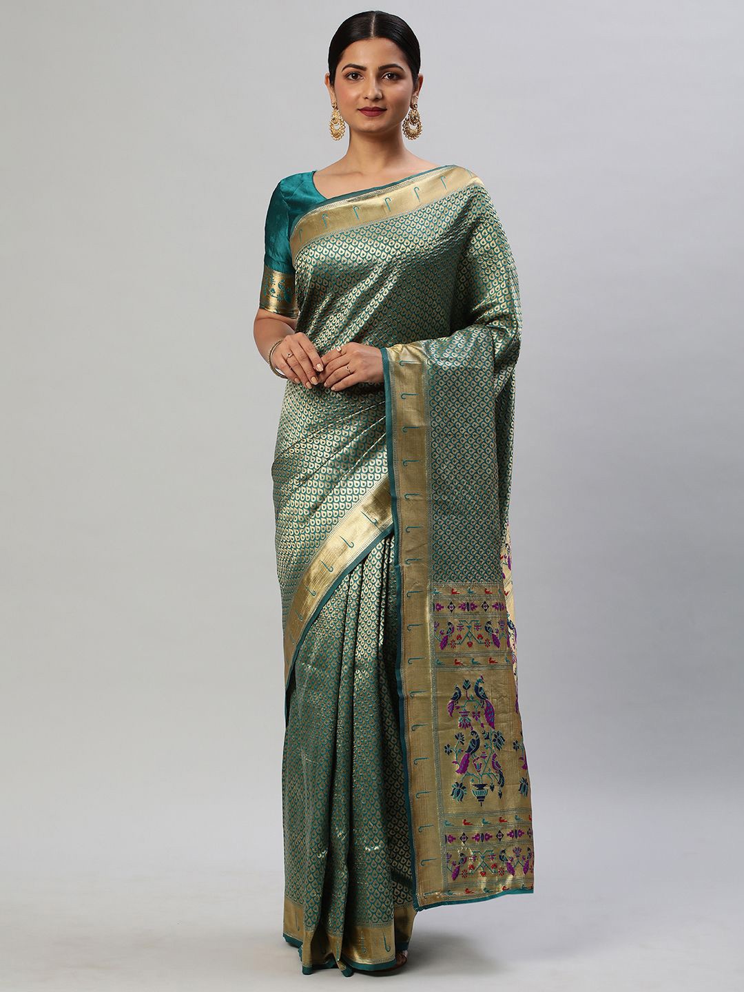 

KALINI Woven Design Zari Silk Blend Kanjeevaram Saree, Teal