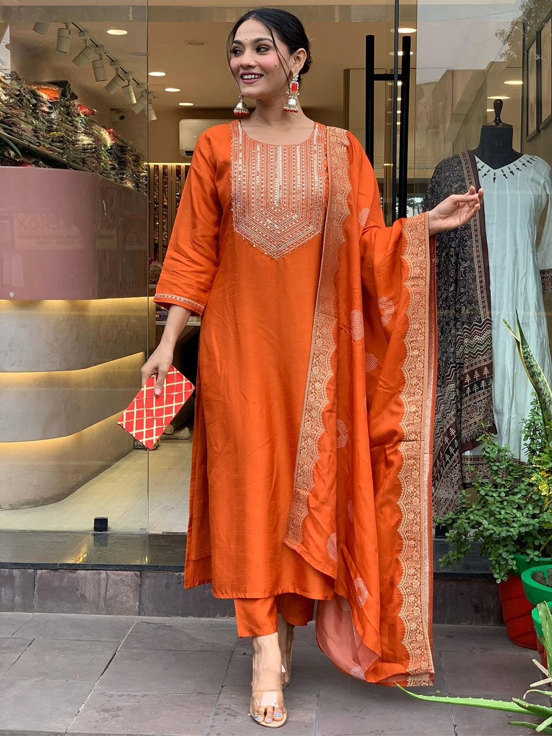 

NIZA FASHION Women Embroidered Regular Chanderi Silk Kurta with Trousers & With Dupatta, Orange