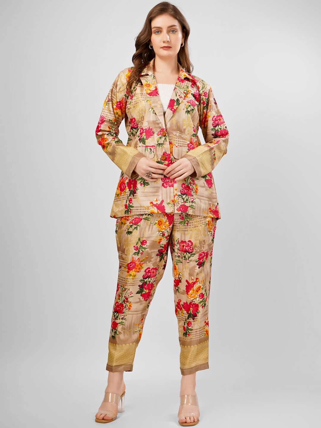 

SUNFAIRY Printed Silk Shirt Collar Neck Coat With Trousers Co-Ords, Beige