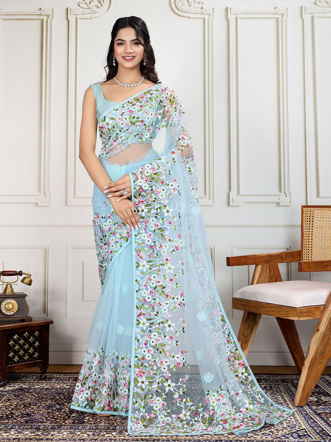 

House of Pataudi Embroidered Work Saree With Blouse Piece, Turquoise blue