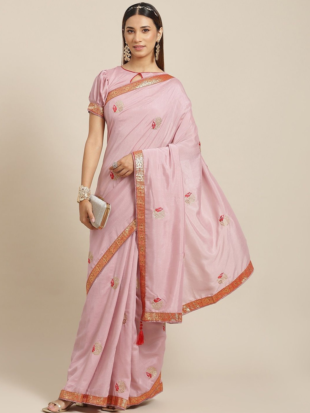 

RAJGRANTH Ethnic Motifs Embroidered Pure Georgette Saree, Pink