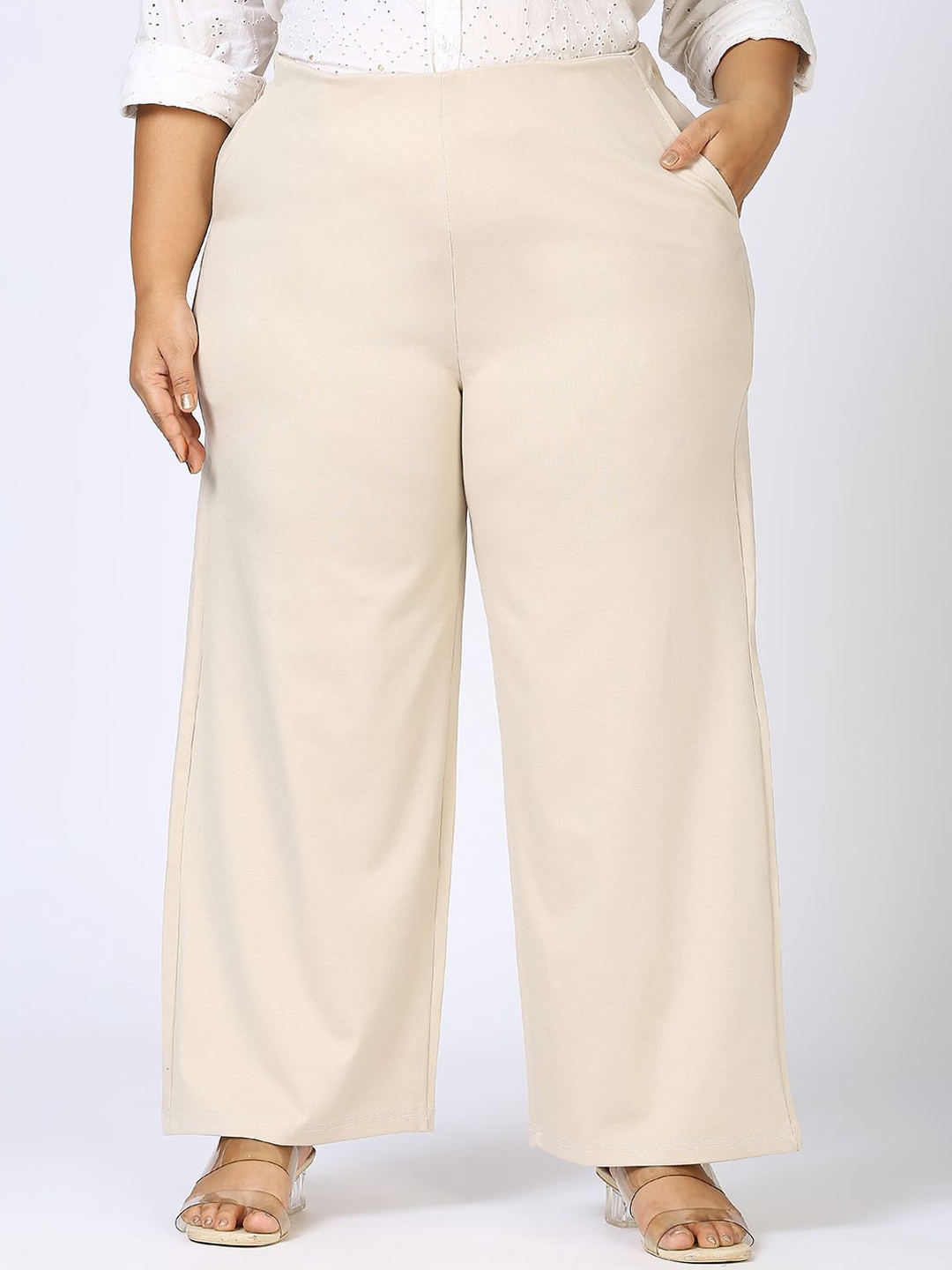 

HJ HASASI Women Straight Fit High-Rise Trousers, Cream