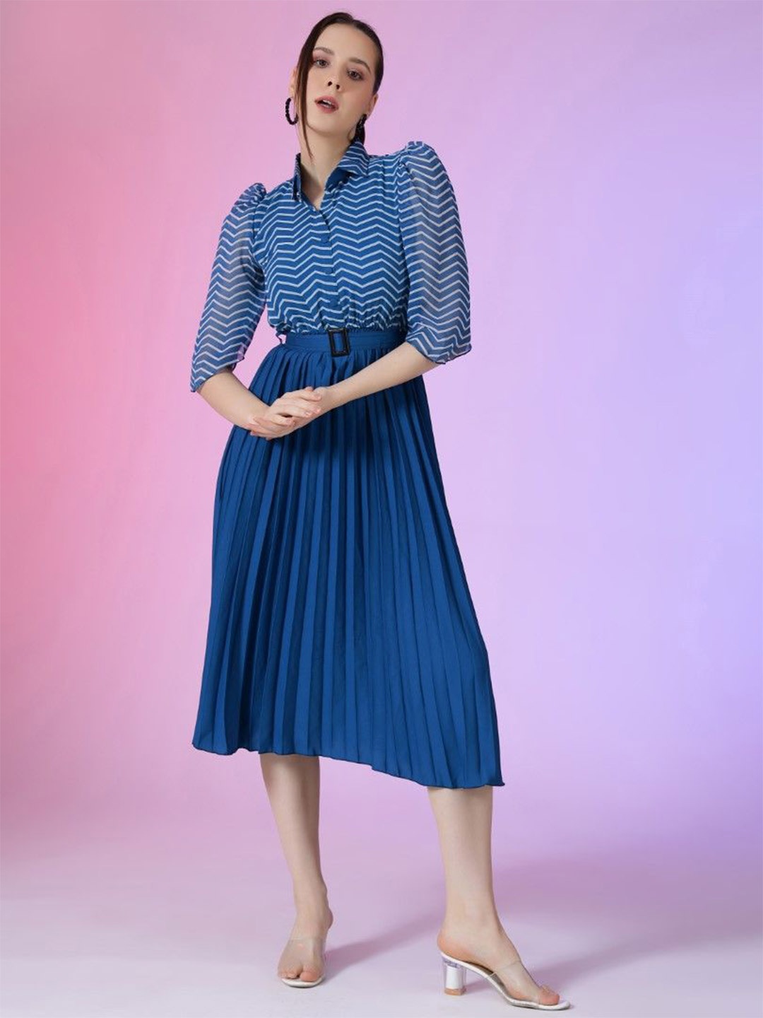 

Jash Creation Print Puff Sleeve Applique Georgette Fit & Flare Dress, Blue