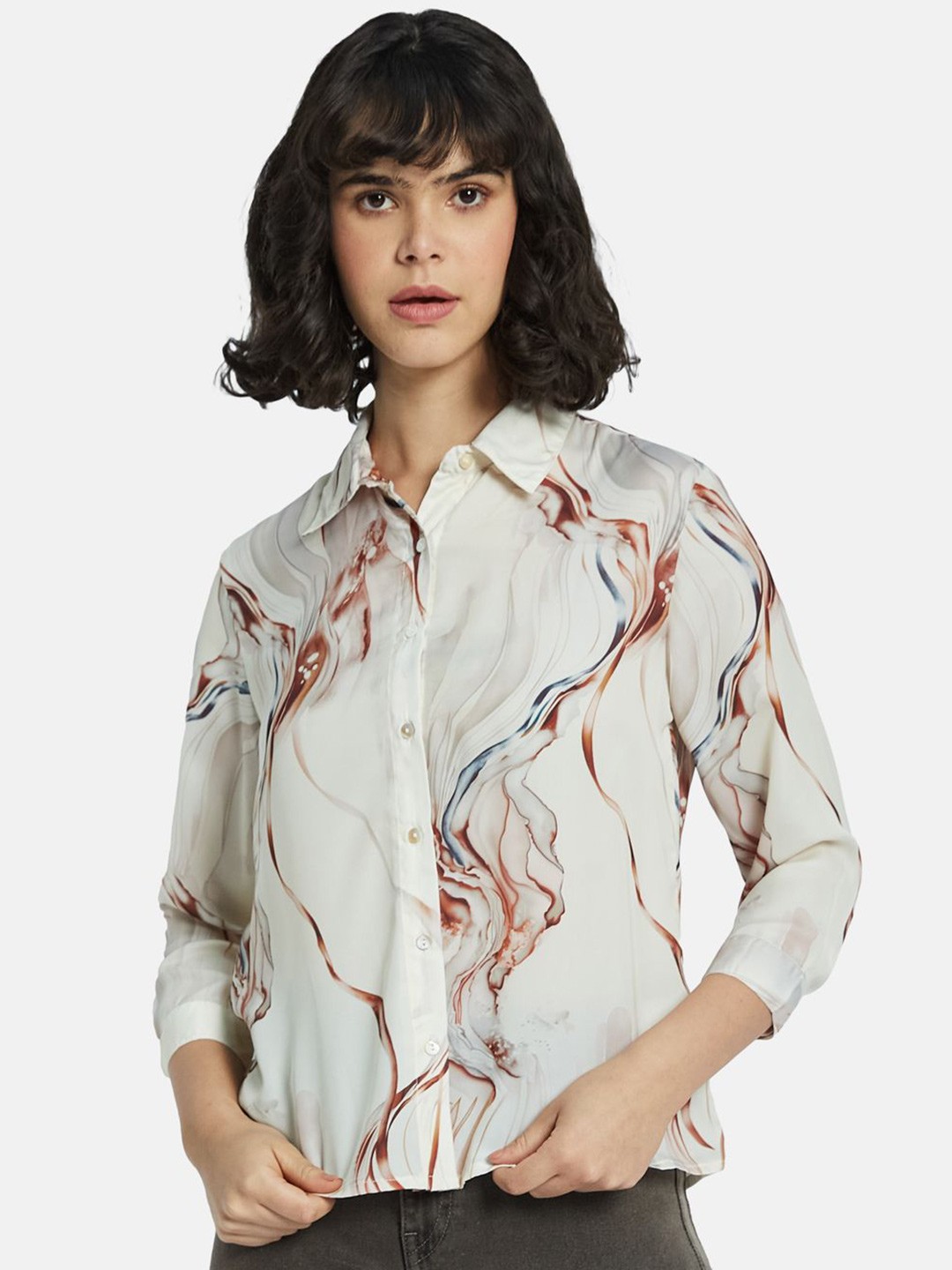 

METTLE Women Floral Opaque Printed Casual Shirt, Cream