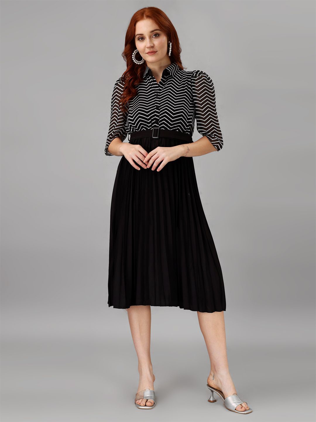 

Jash Creation Striped Applique Georgette Fit & Flare Maxi Dress, Black