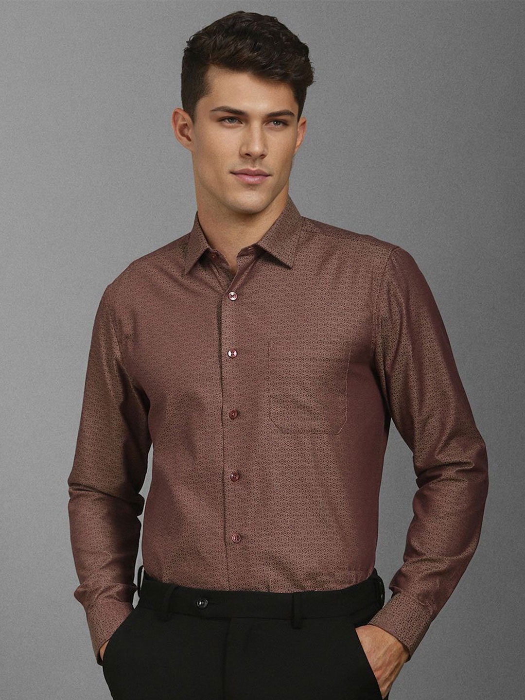 

Louis Philippe Men Slim Fit Opaque Printed Formal Shirt, Brown