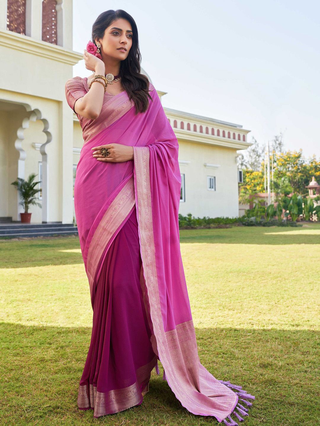 

DEVATITHI Silk Blend Banarasi Saree, Pink