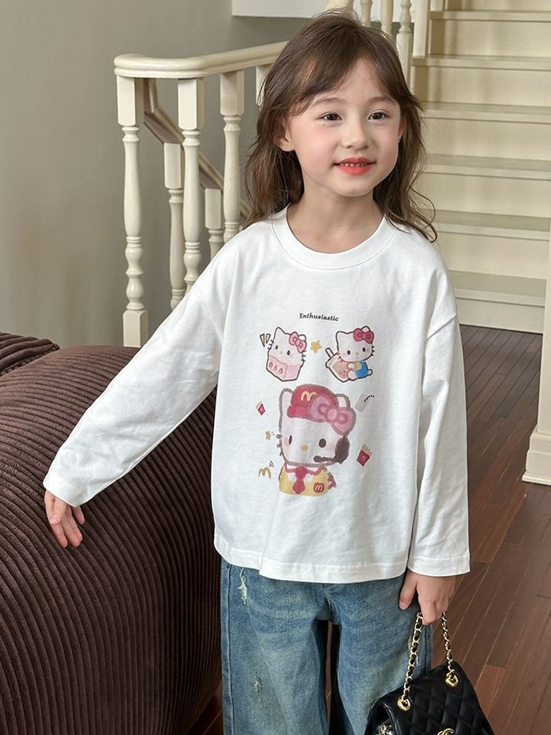 

LULU & SKY Girls Printed Pure Cotton Applique T-shirt, White