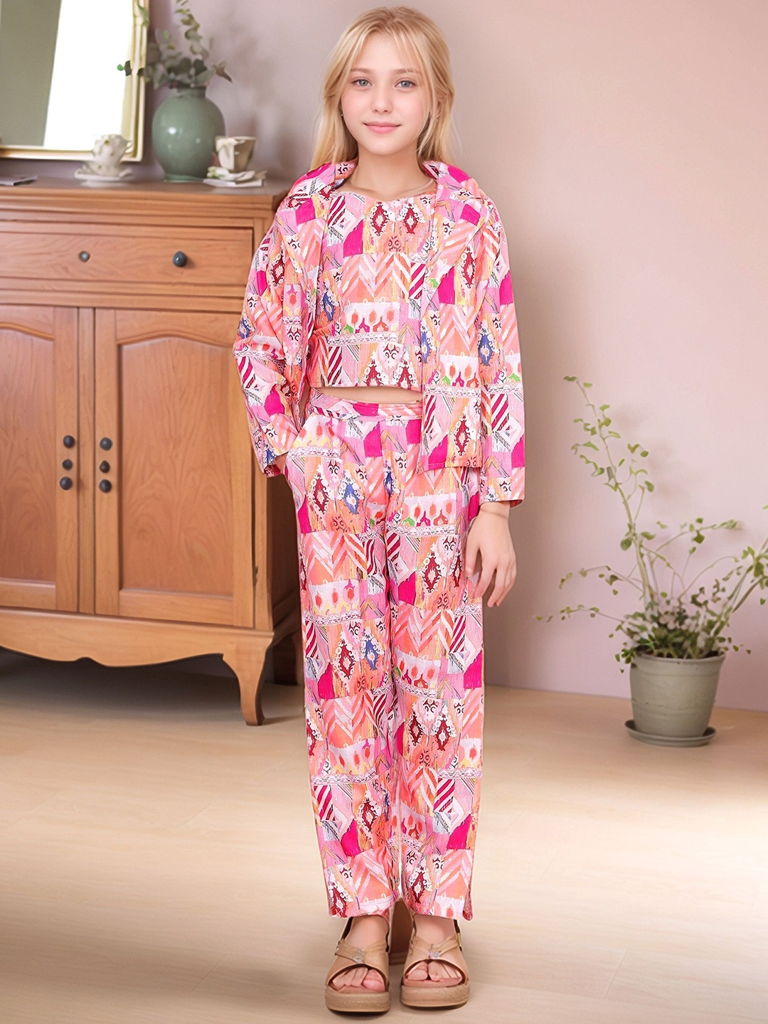 

FEBVIBE Girls Printed Top with Trousers, Pink