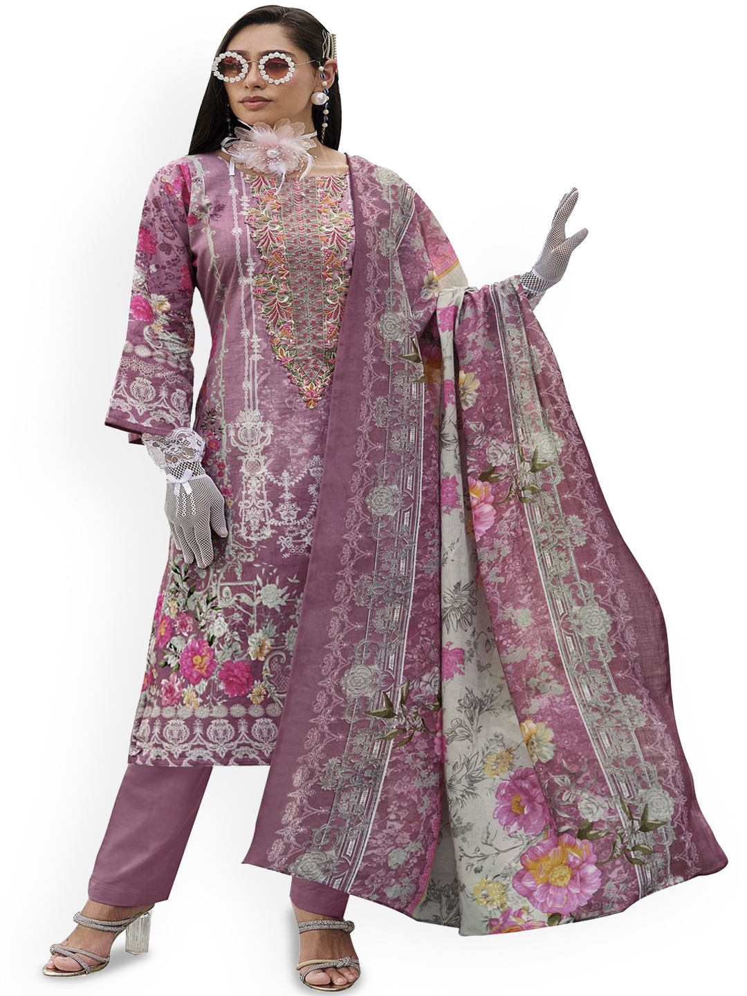 

DRAVINAM Trends Embroidered Pure Cotton Unstitched Dress Material, Pink