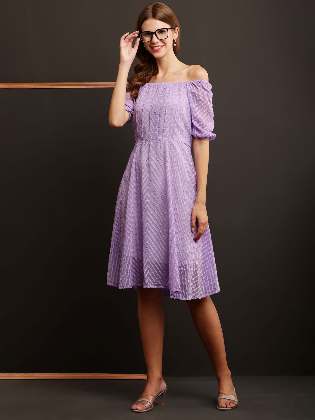 

Houseofchic Off-Shoulder Puff Sleeve Georgette Fit & Flare Dress, Lavender