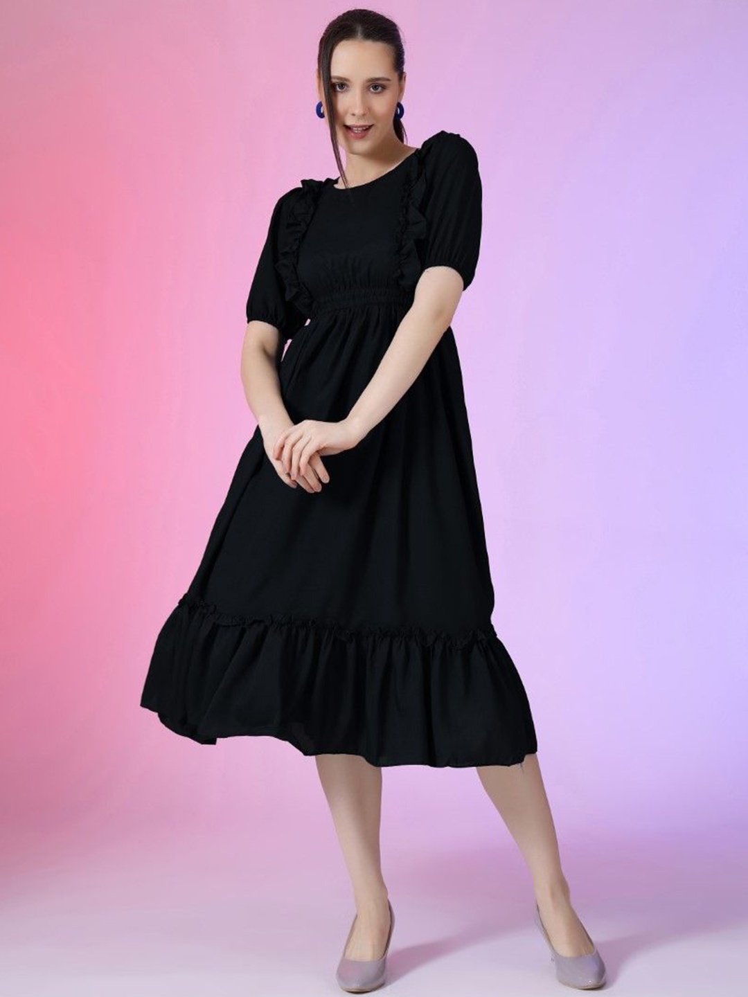 

Jash Creation Puff Sleeve Applique Fit & Flare Dress, Black