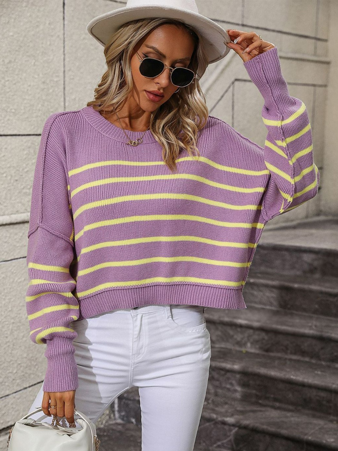 

Oh Rare Women Striped Pullover, Purple