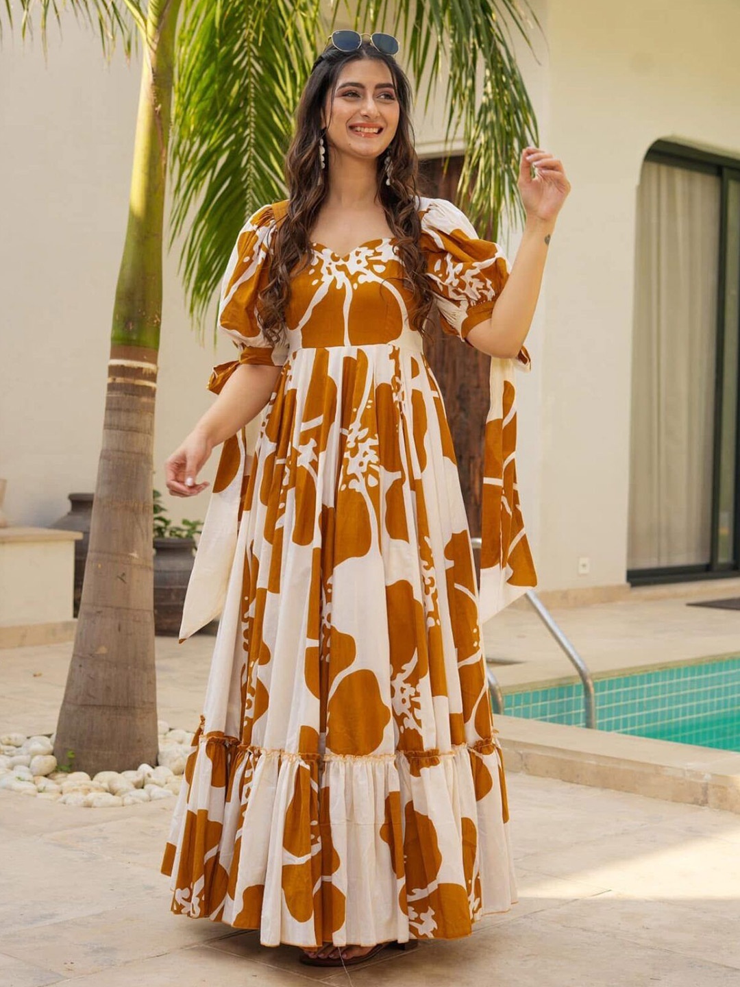 

KALINI Floral Print Puff Sleeve Maxi Dress, Brown
