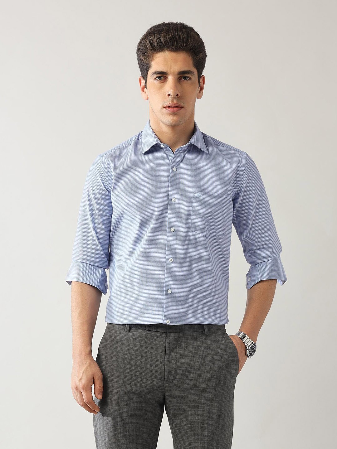 

Arrow Men Slim Fit Micro Checks Opaque Printed Formal Shirt, Blue
