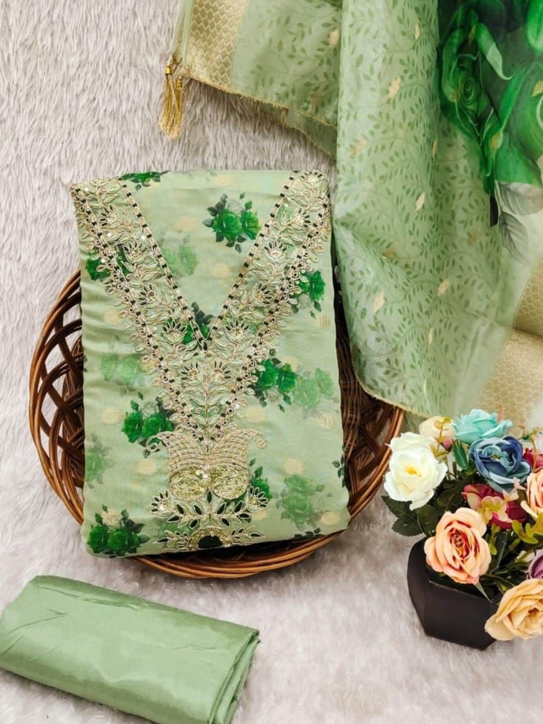 

BlissFlair Pure Cotton Unstitched Dress Material, Green
