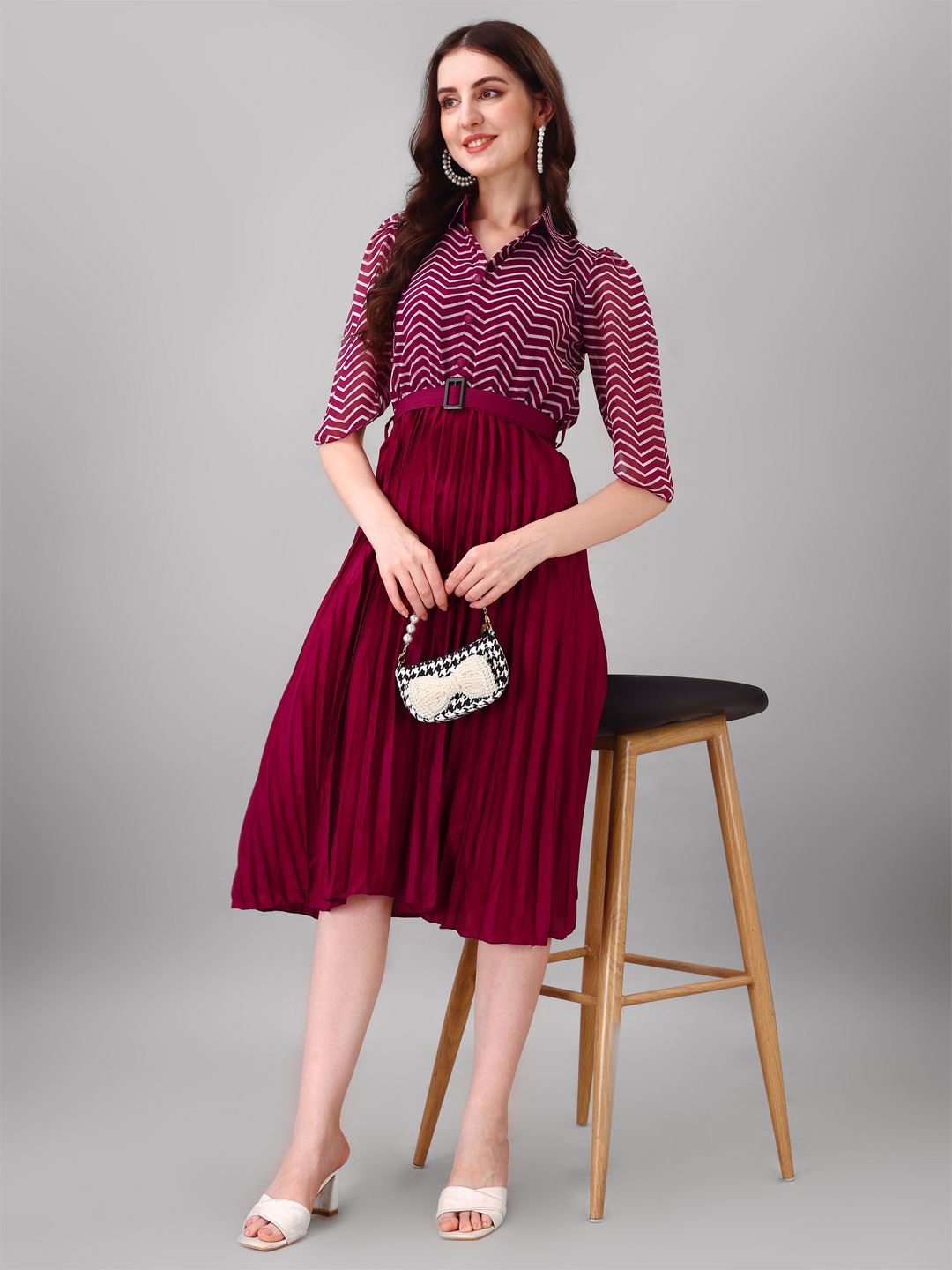 

Raiyani Fashion Striped Applique Georgette Fit & Flare Midi Dress, Magenta