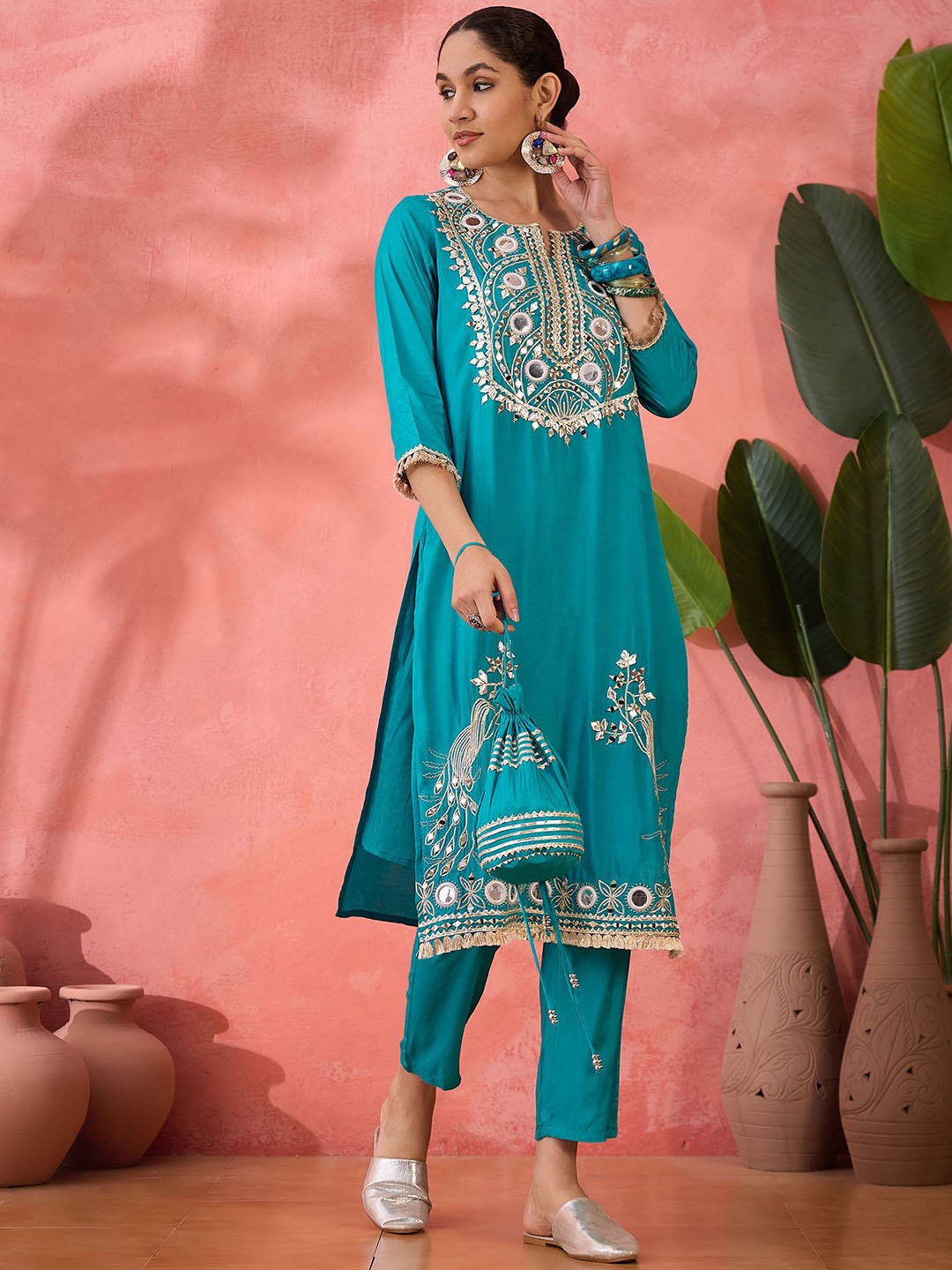 

Sangria Embroidered Straight Kurta & Palazzo With Bag, Turquoise blue