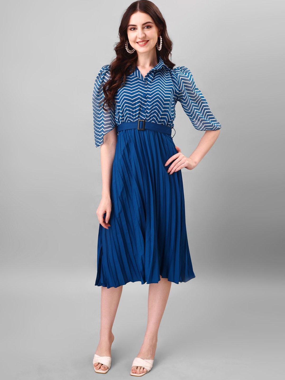 

Jash Creation Striped Applique Georgette Fit & Flare Maxi Dress, Blue