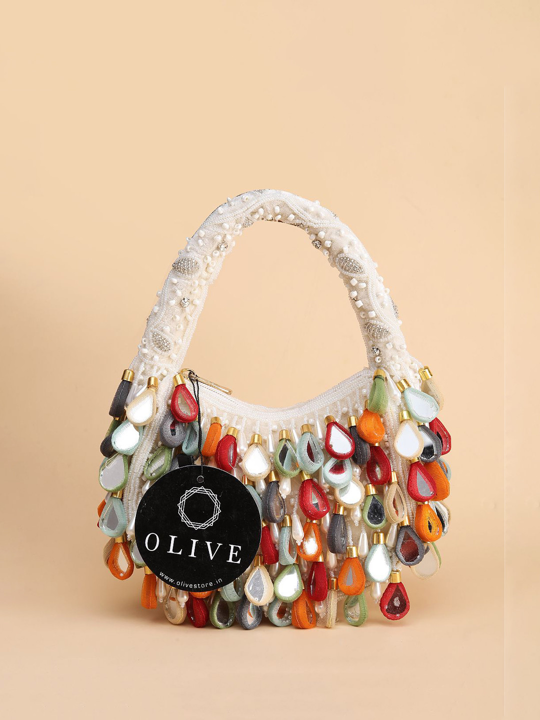 

Olive Printed Suede Half Moon Handheld Bag with Tasselled, Multi