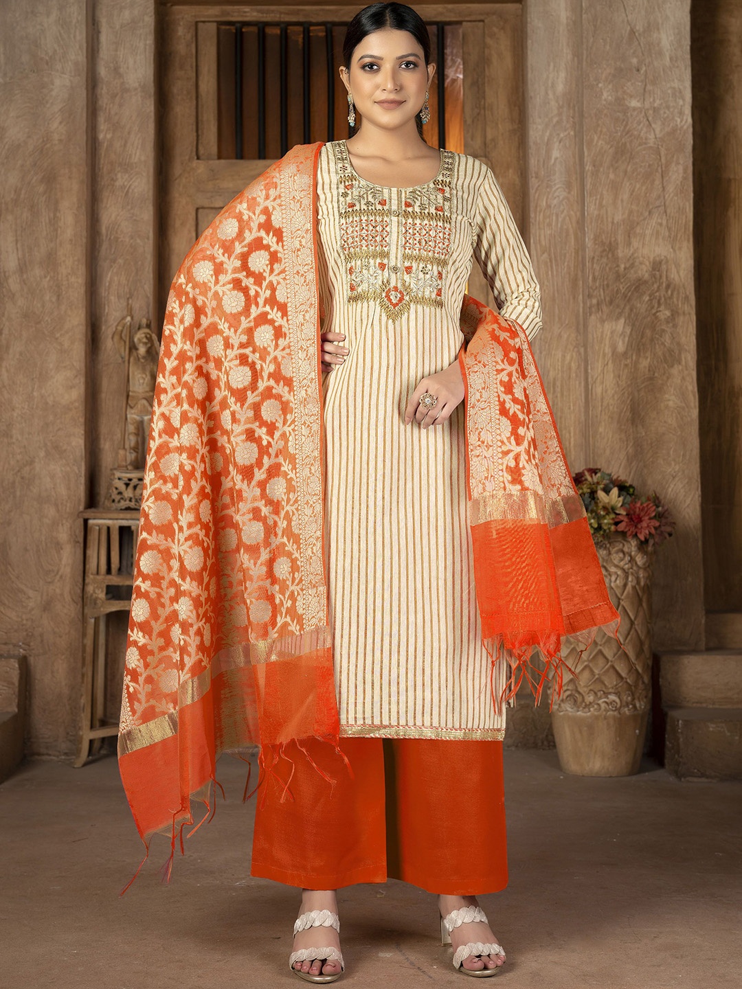 

SAINOOR Embroidered Pure Cotton Semi-Stitched Dress Material, Beige