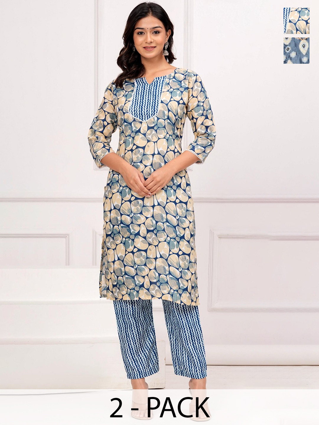 

Moda Rapido Selection Of 2 Abstract Printed Notch Neck Pure Cotton Kurta With Trousers, Blue