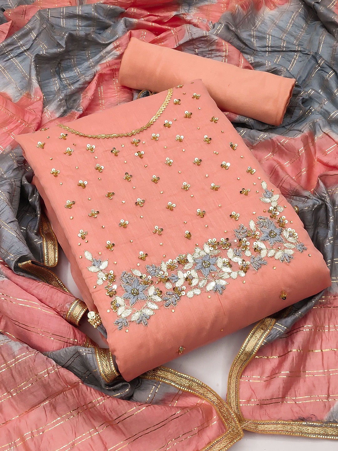 

SAINOOR Embellished Semi-Stitched Dress Material, Peach