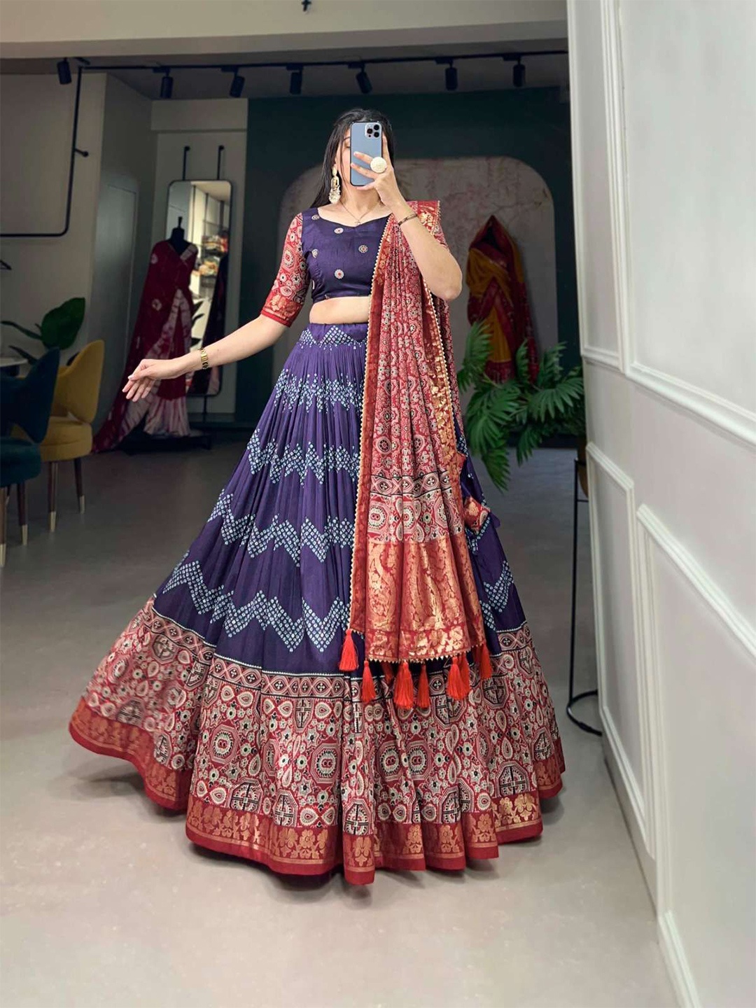 

RADHVI BIZ Printed Kalamkari Ready to Wear Lehenga & Unstitched Blouse With Dupatta, Navy blue