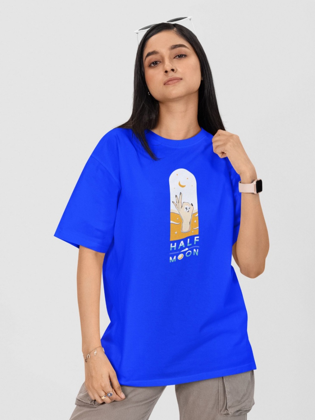 

Moda Rapido Women Printed Drop-Shoulder Sleeves Pockets T-shirt, Blue