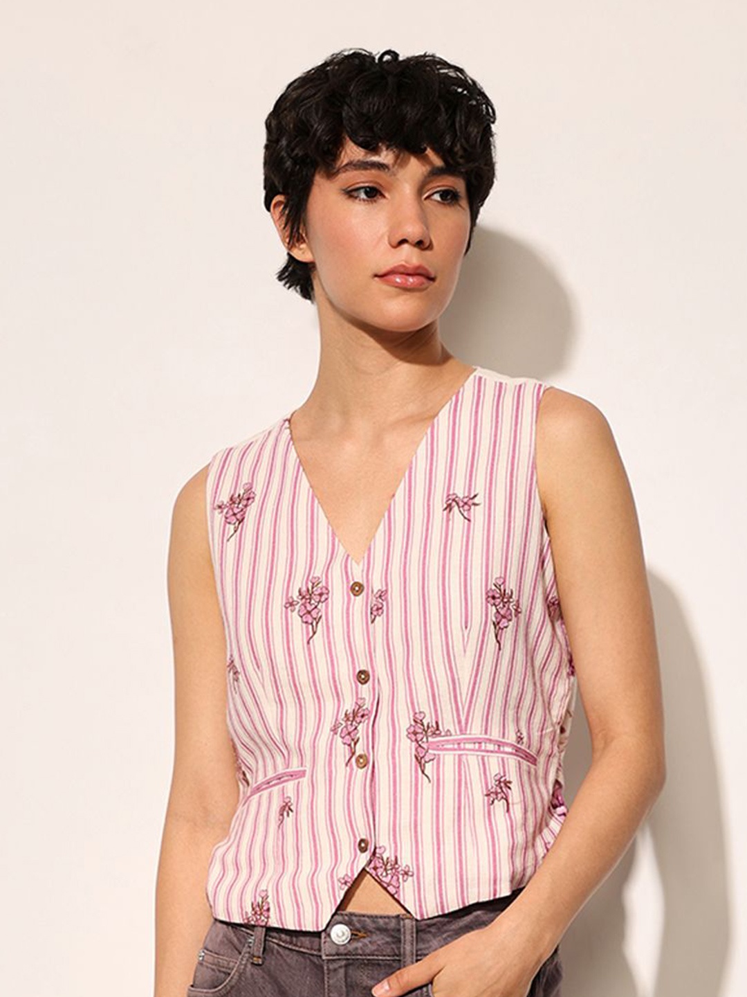 

ONLY Striped Linen Tank Crop Top, Pink