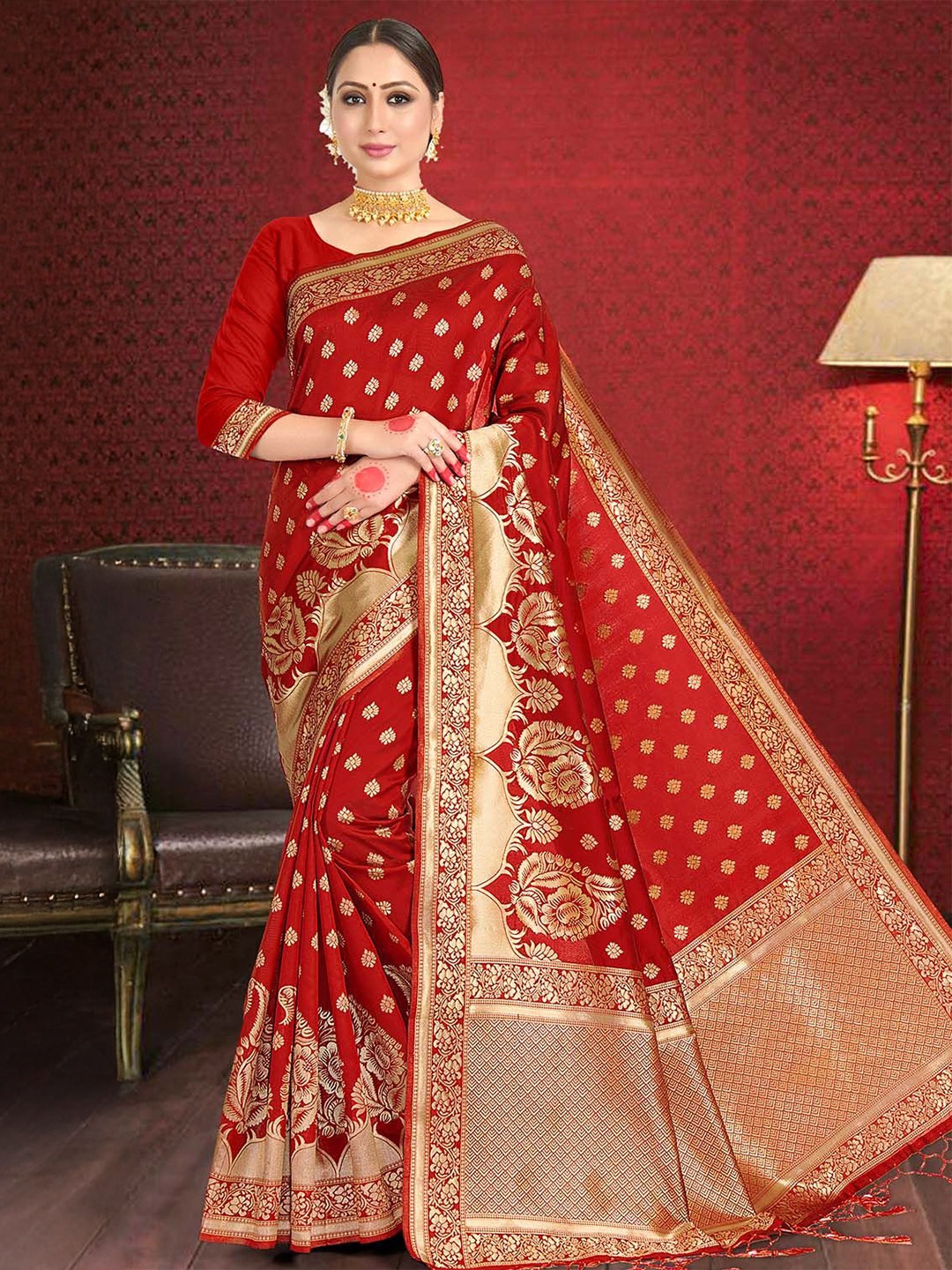 

DEVATITHI Ethnic Motifs Zari Silk Blend Banarasi Saree, Red