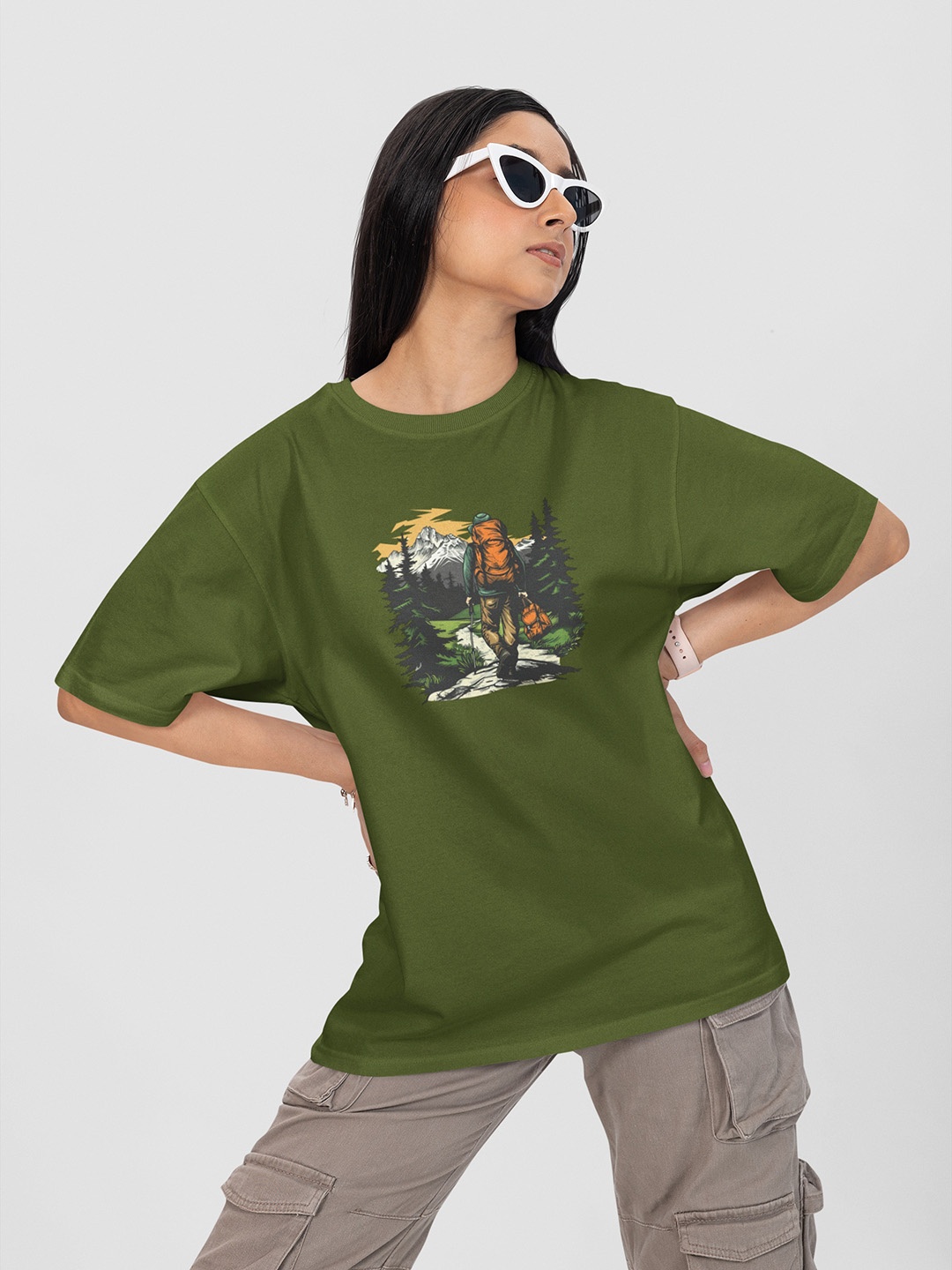 

Moda Rapido Women Printed Drop-Shoulder Sleeves Applique T-shirt, Green
