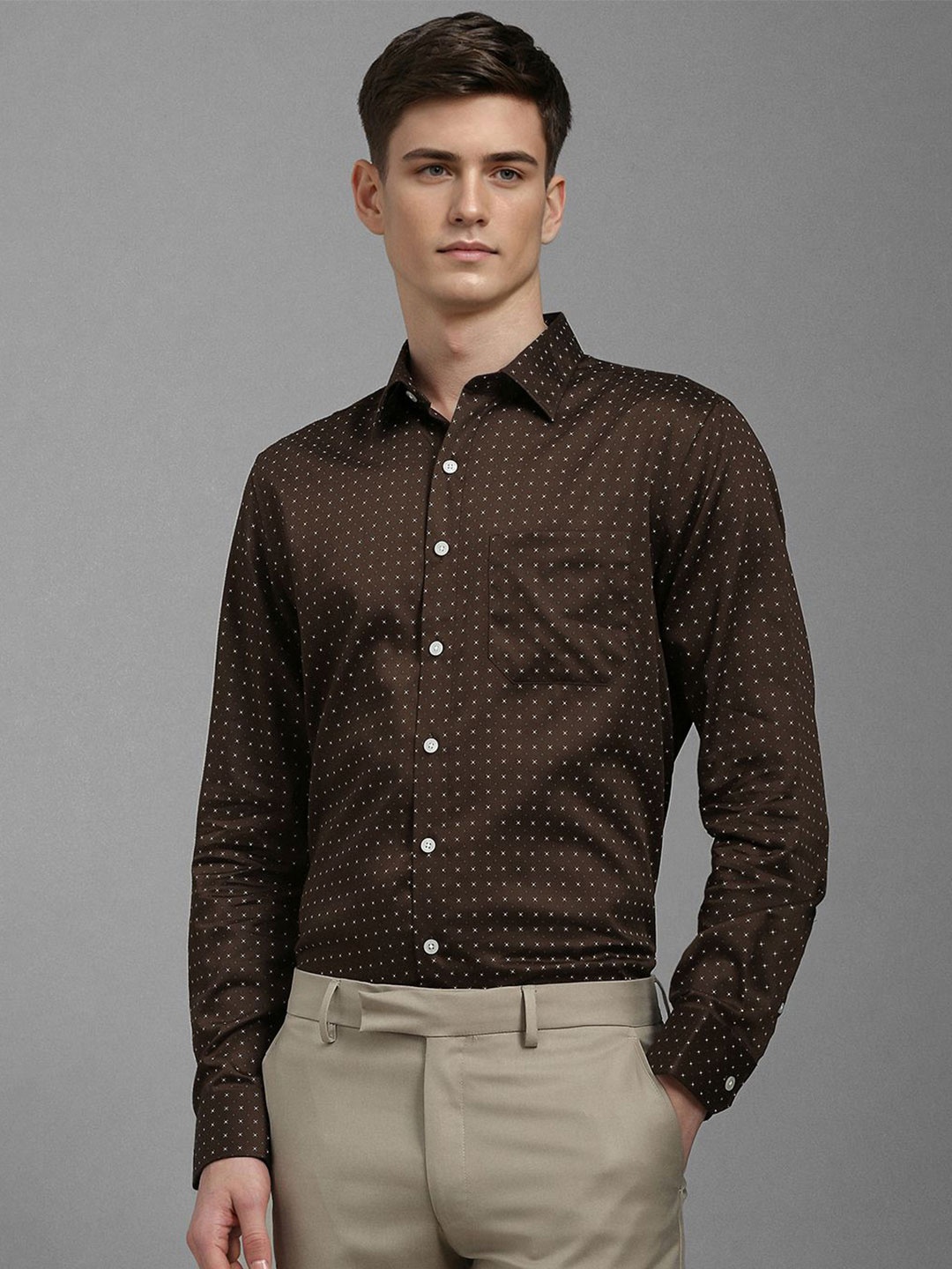 

Louis Philippe Men Slim Fit Opaque Printed Formal Shirt, Brown