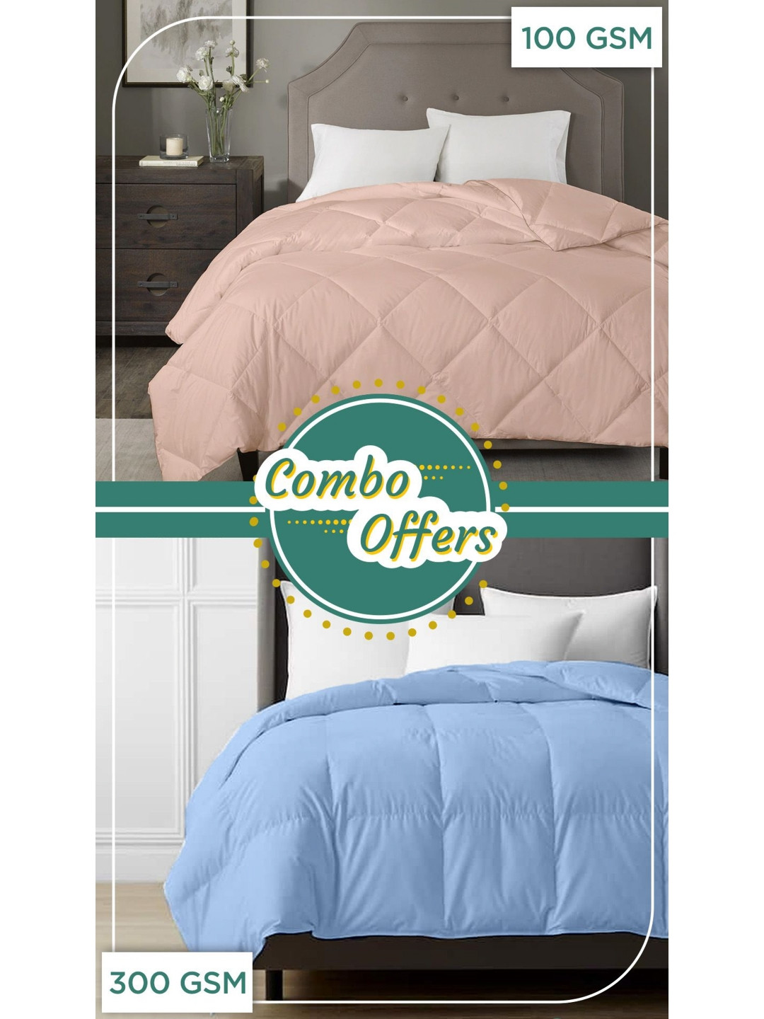 

RAZZAI Set of 2 300 GSM Double & 100 GSM Single Bed AC Room Comforters, Blue