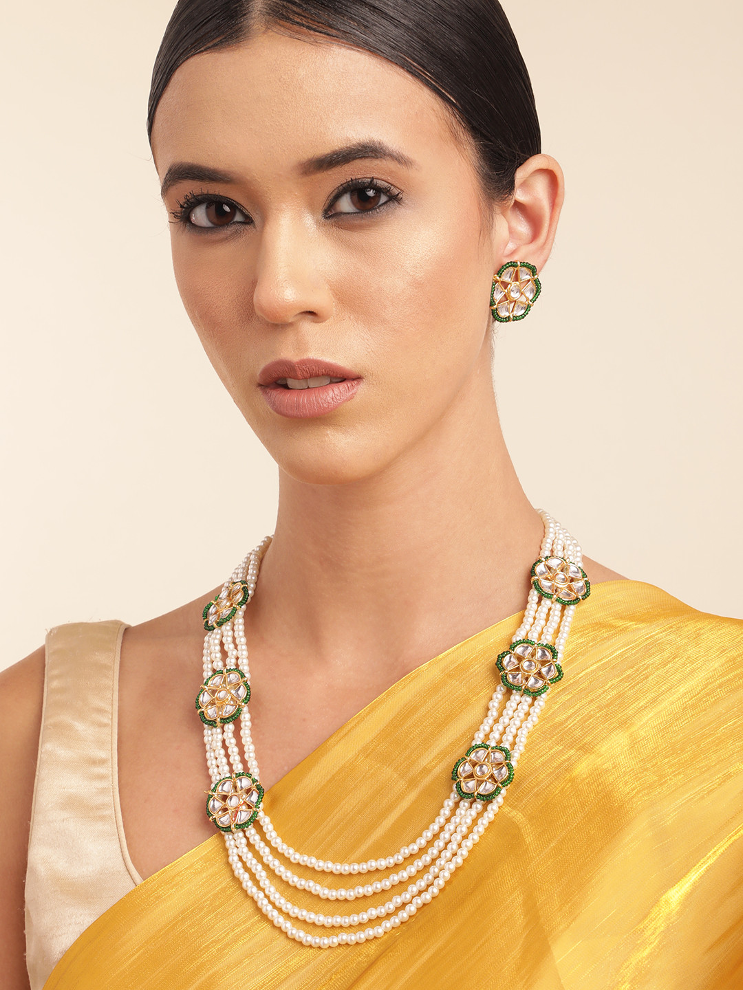 

Anouk Gold Plated Layered Beads & Kundan Studded Necklace & Earring Set, Green