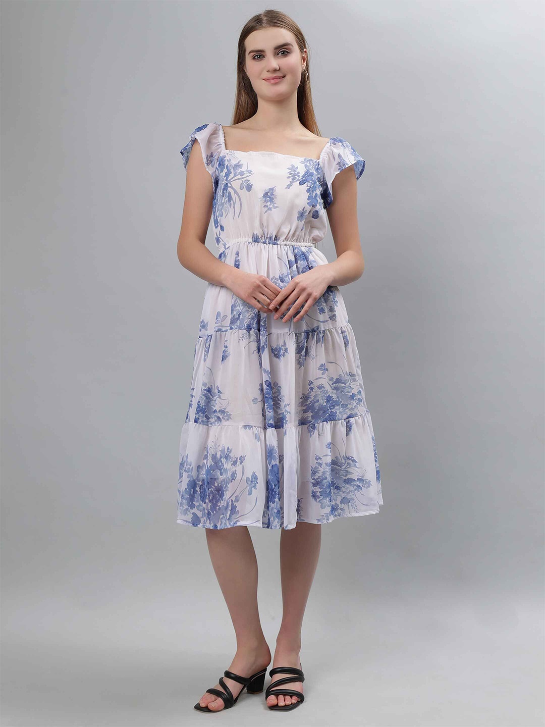 

ETRAANA Floral Print Flutter Sleeve Georgette Fit & Flare Midi Dress, Blue
