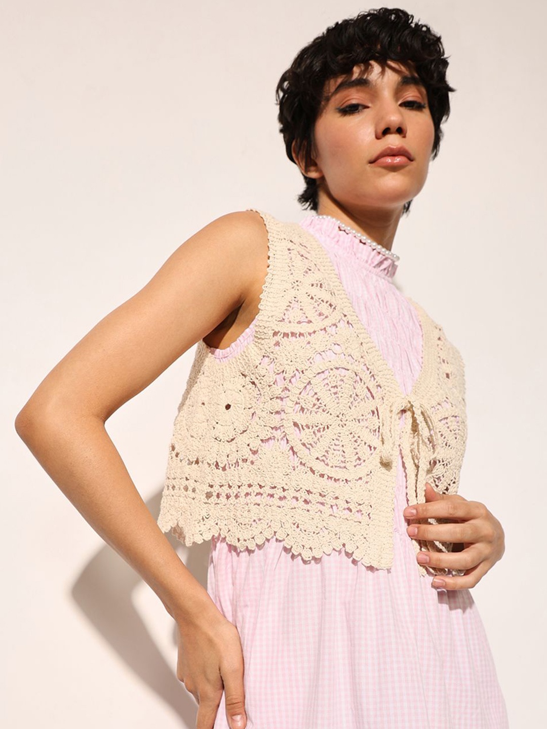 

ONLY Cotton Crochet Tank Crop Top, Beige